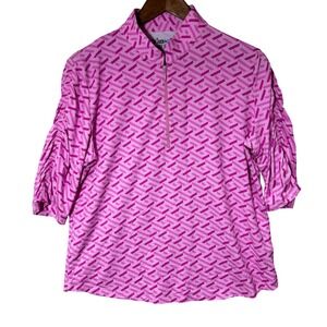 IBKUL Fatima Print Golf Top Mock Neck Long Sleeve Hot Pink Ruched Sleeve Shirt